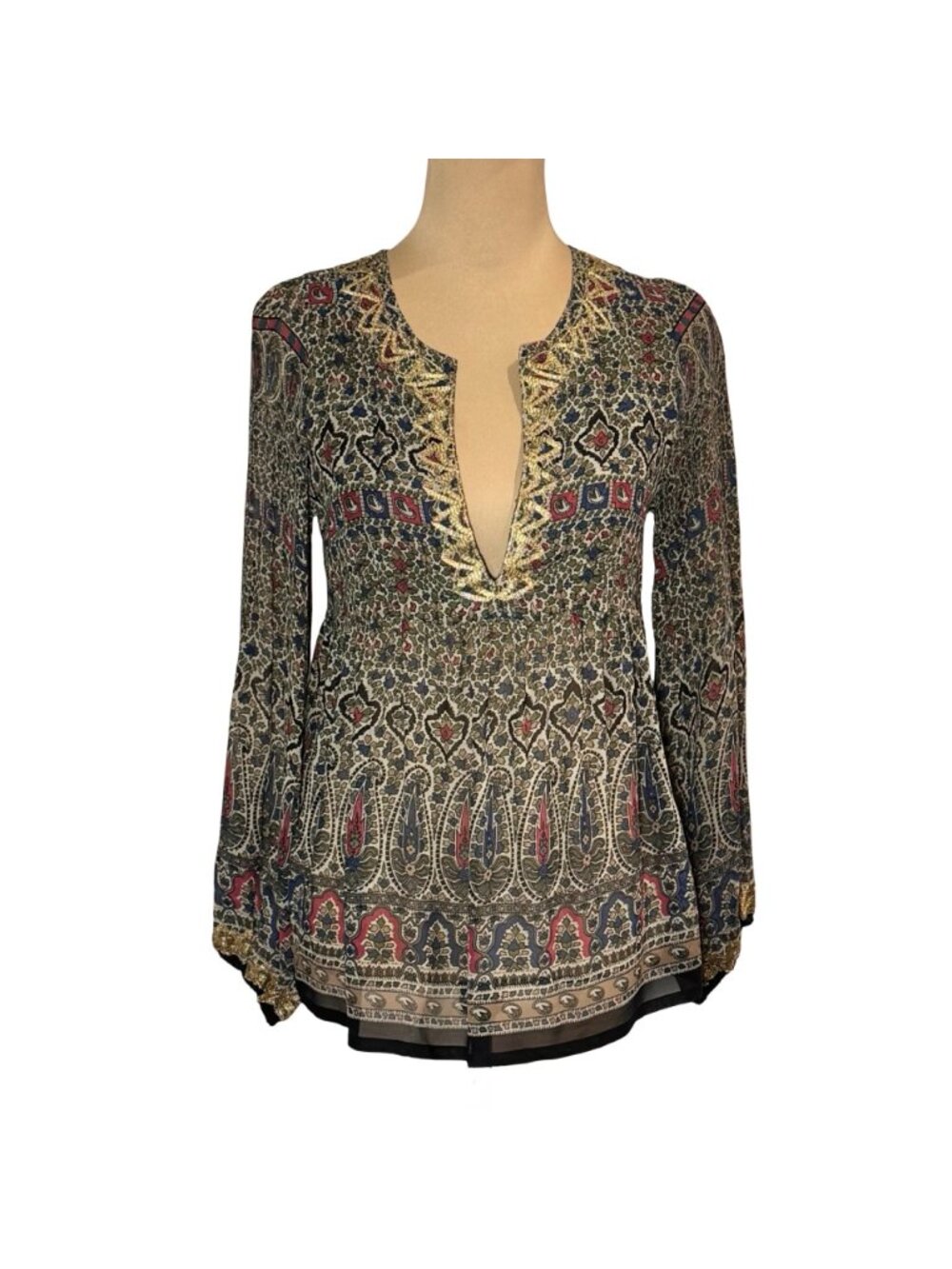 Joie Boho 100% Silk Embroidered Paisley Babydoll Top Sz XS Maximalist - Picture 2 of 14